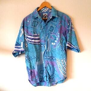 Vintage Men's Santana Geometric 80s 90s Button Down Short Sleeve Shirt